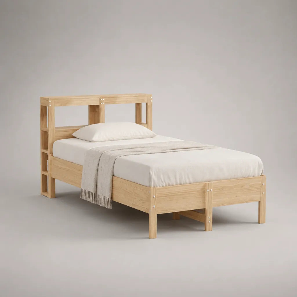 Lit double en bois 140 × 190 cm avec tête de lit à rangements, pin naturel, 198 × 148 × 100 cm
