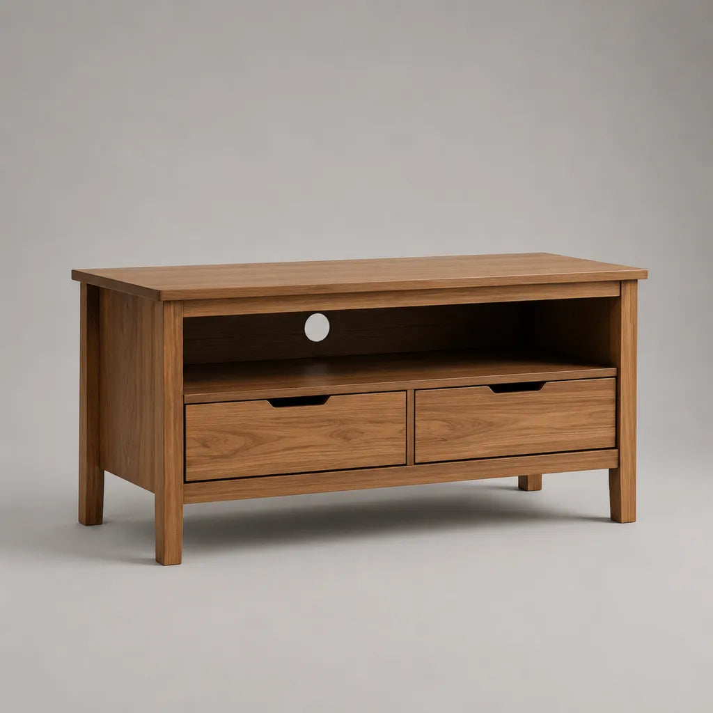 Meuble TV rectangulaire en bois et MDF plaqué chêne naturel avec 2 tiroirs, niche et passe-câbles, 120 x 40 x 60 cm