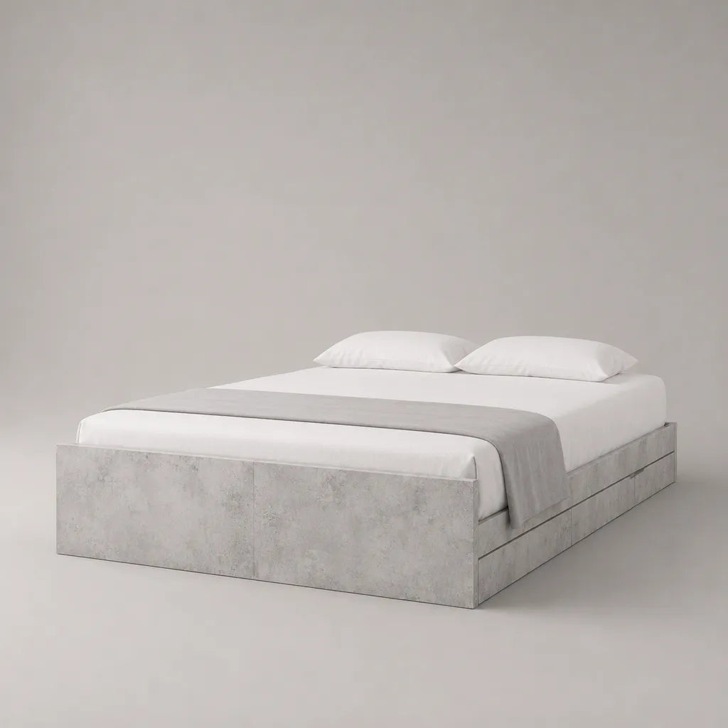 Cadre de lit plateforme 2 places en panneaux de particules, gris béton, couchage 160 × 200 cm, dimensions 205 × 165 × 50 cm