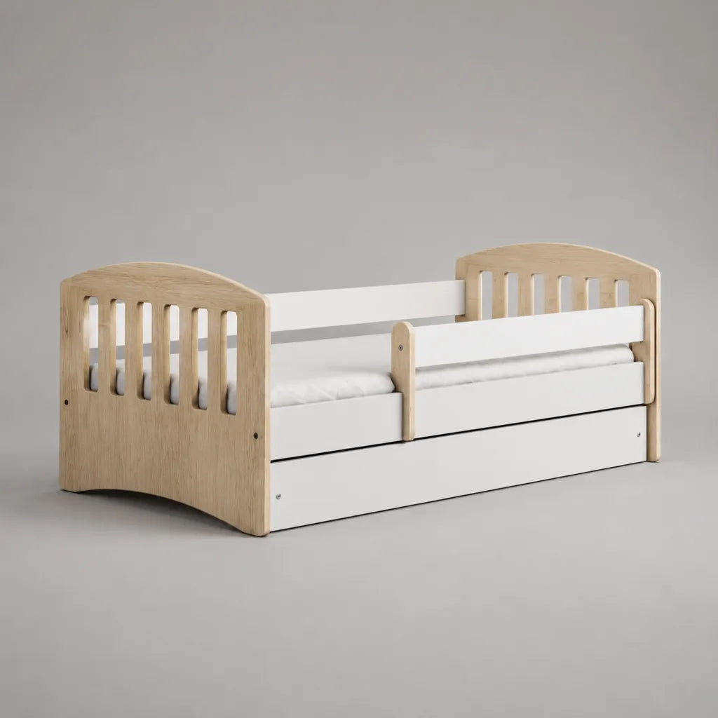 Lit enfant avec barrières et tiroir en bois massif et MDF, blanc et bois naturel, couchage 70 × 140 cm