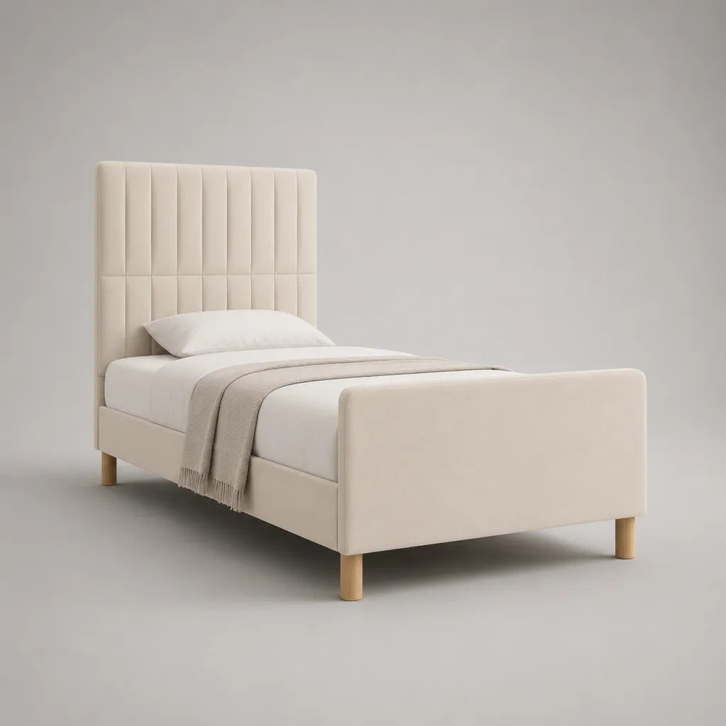 Lit simple rembourré en tissu beige 90 × 190 cm, dimensions totales 203 × 101 × 120 cm, tête et pied de lit, sommier à lattes