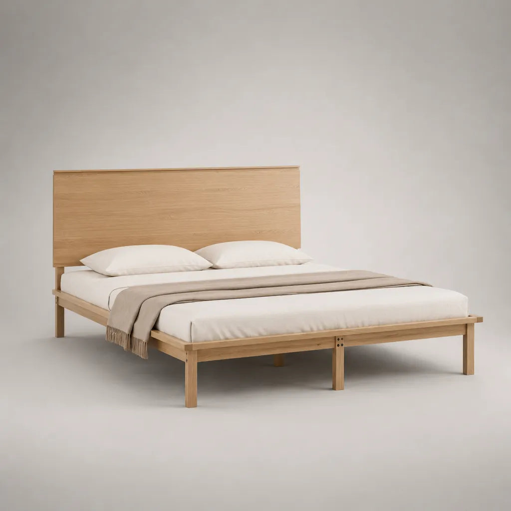 Cadre de lit double 160 × 200 cm en chêne massif et placage chêne avec tête de lit, chêne naturel
