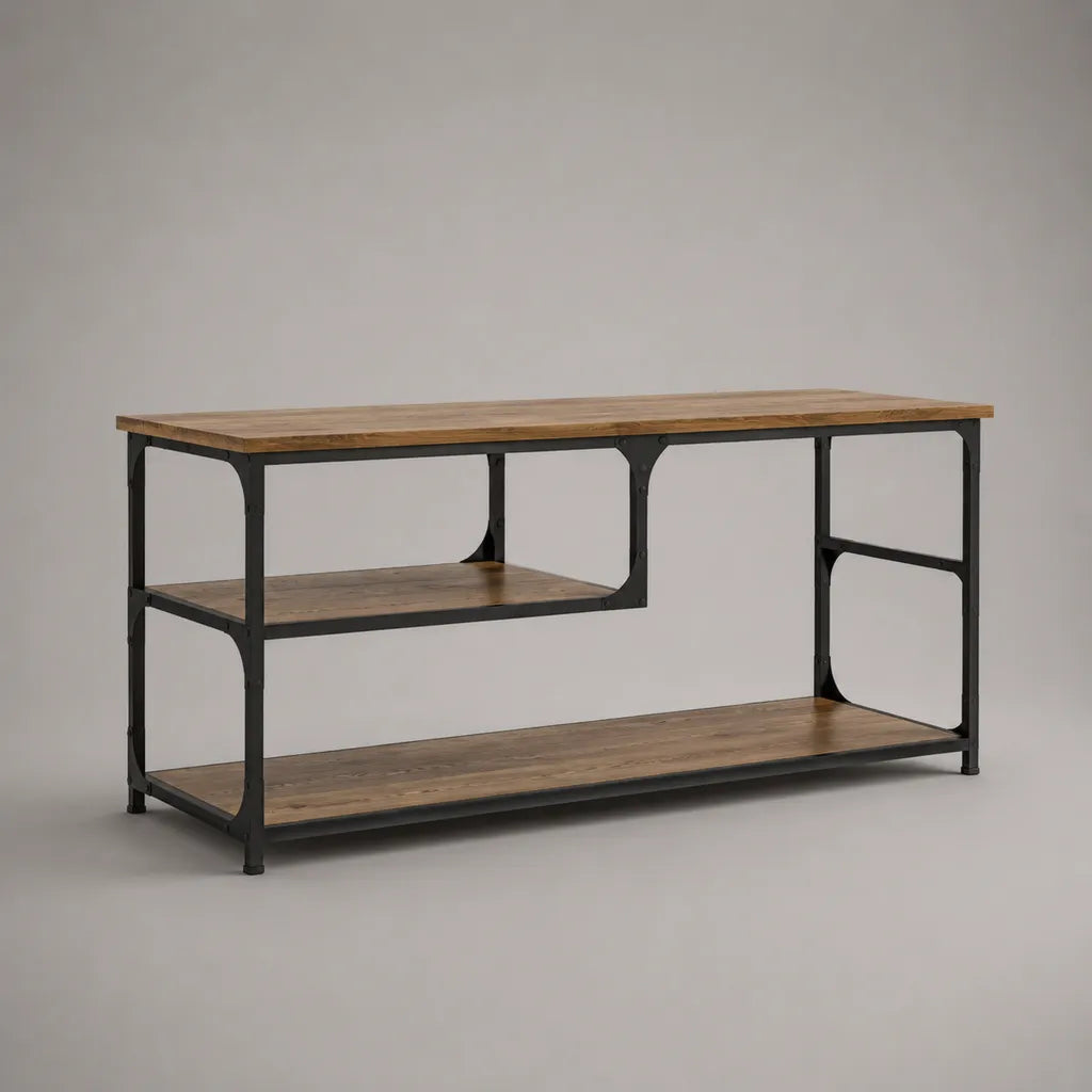 Meuble TV rectangulaire en bois et acier noir, 2 étagères, brun effet chêne, 120 × 40 × 60 cm