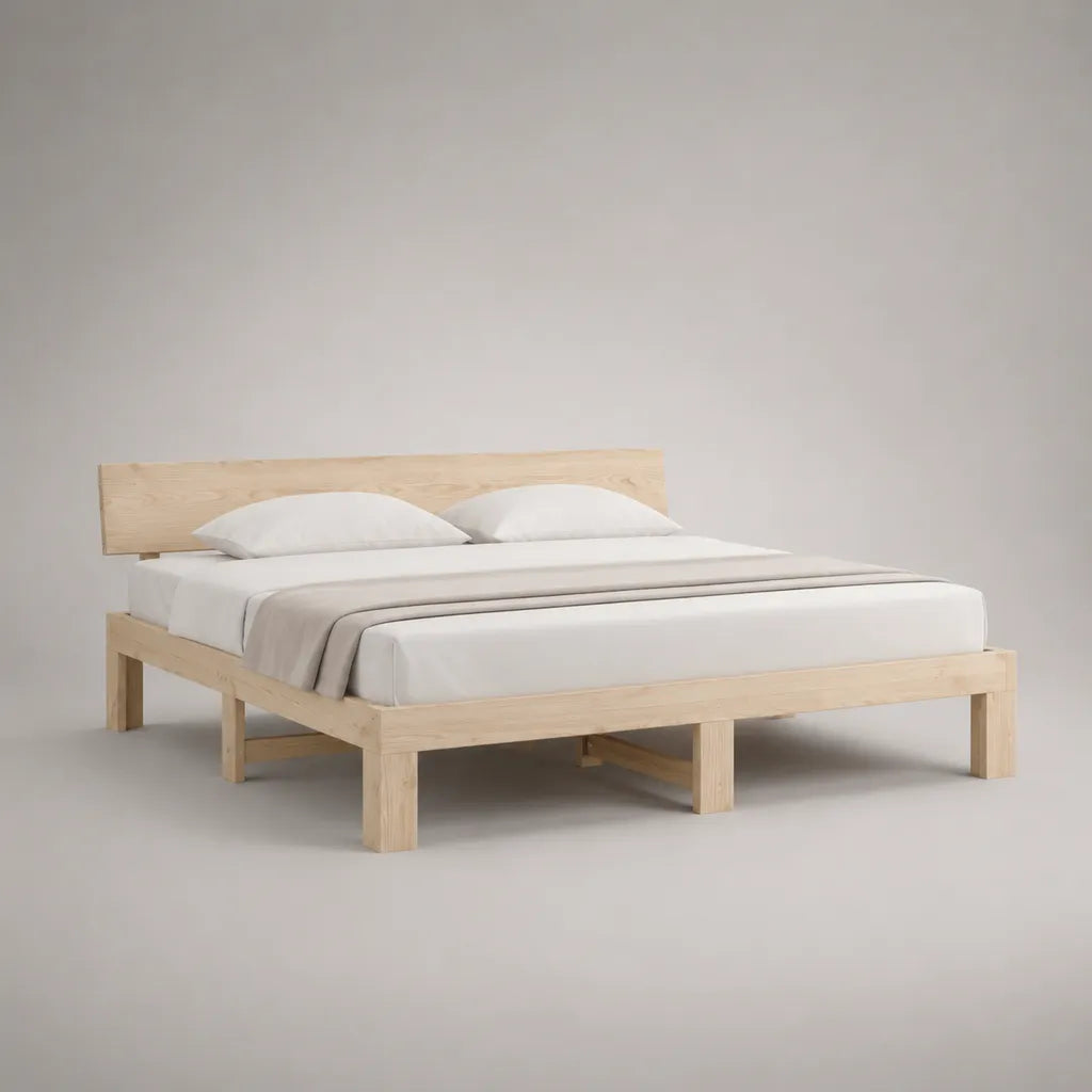 Cadre de lit double en pin massif beige clair 160 × 200 cm avec tête de lit et sommier à lattes