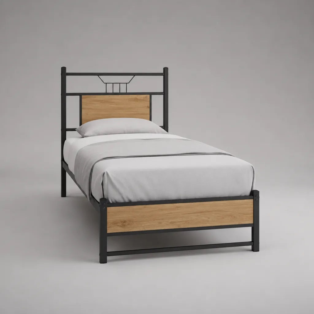 Lit simple 90 × 190 cm avec sommier intégré, cadre en acier et panneaux en MDF, noir et chêne clair