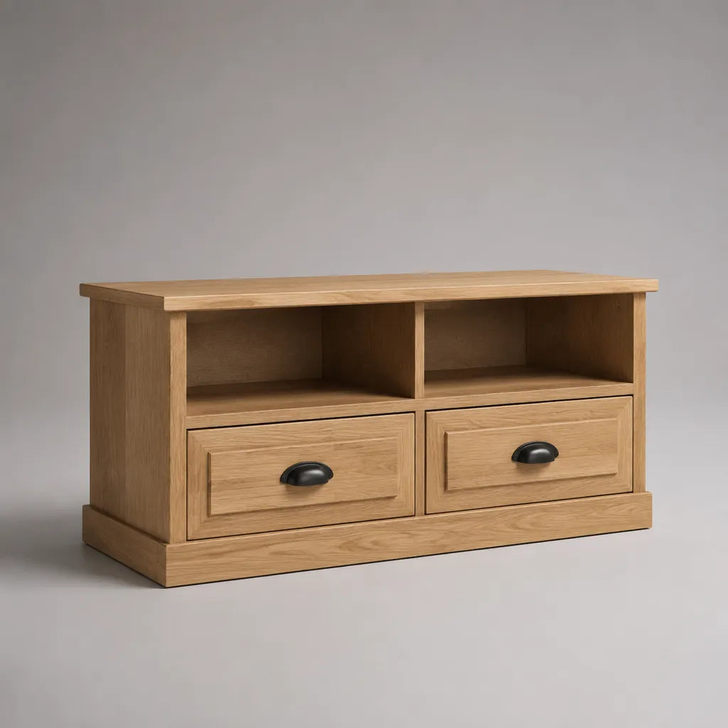 Meuble TV bas en MDF plaqué chêne naturel avec 2 tiroirs et 2 niches, 110 × 40 × 60 cm