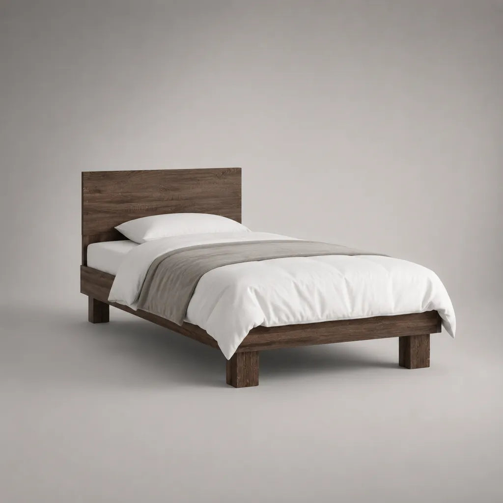 Lit simple 90 × 190 cm en pin massif avec sommier à lattes et tête de lit rectangulaire brun foncé