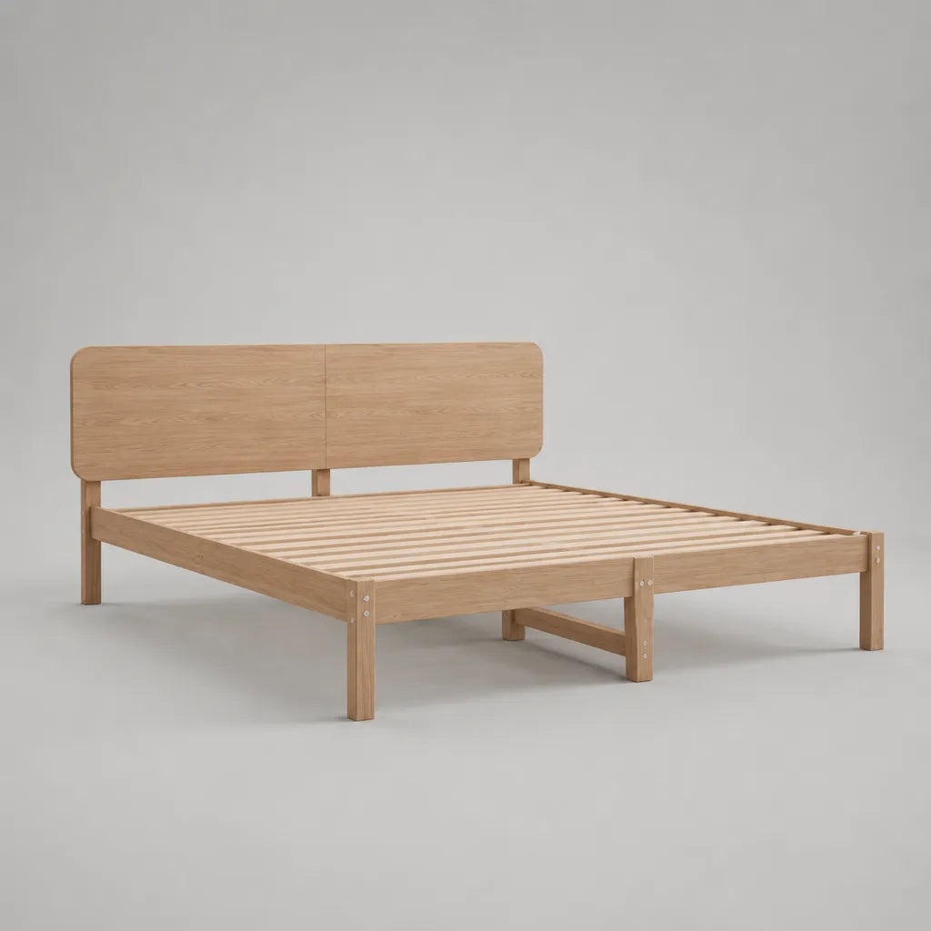 Lit double en chêne massif avec tête de lit et sommier à lattes, 208 × 166 × 95 cm, couchage 160 × 200 cm, chêne naturel
