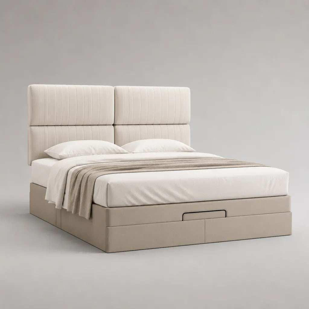 Lit coffre double en tissu beige ivoire, couchage 160 x 200 cm, dimensions 210 x 170 x 130 cm, sommier relevable et tête de lit rembourrée