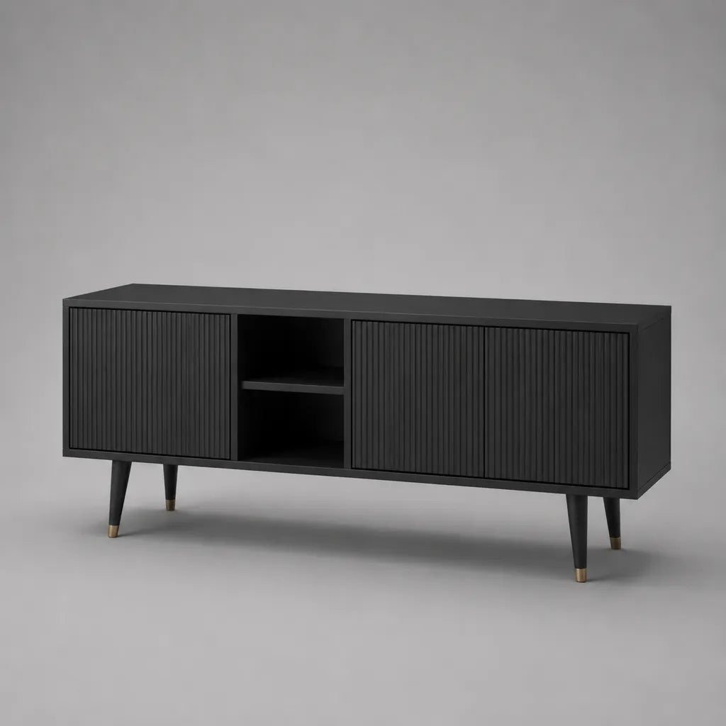 Meuble TV rectangulaire noir et doré à 2 portes rainurées et 2 niches en MDF mélaminé, 150 x 40 x 60 cm