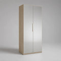 Armoire de rangement rectangulaire à 2 portes miroir en verre et panneaux de particules mélaminés, chêne clair, argenté et doré, 80 × 50 × 180 cm