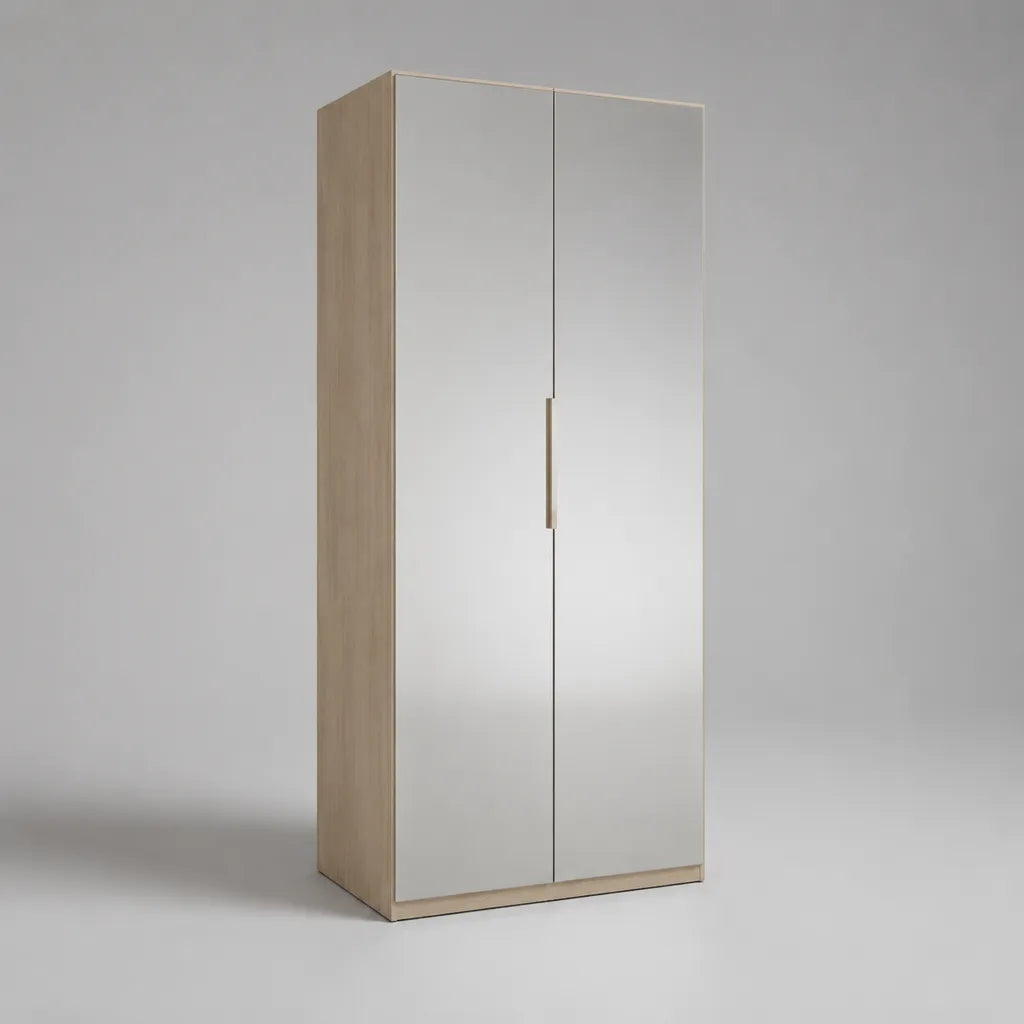 Armoire de rangement rectangulaire à 2 portes miroir en verre et panneaux de particules mélaminés, chêne clair, argenté et doré, 80 × 50 × 180 cm