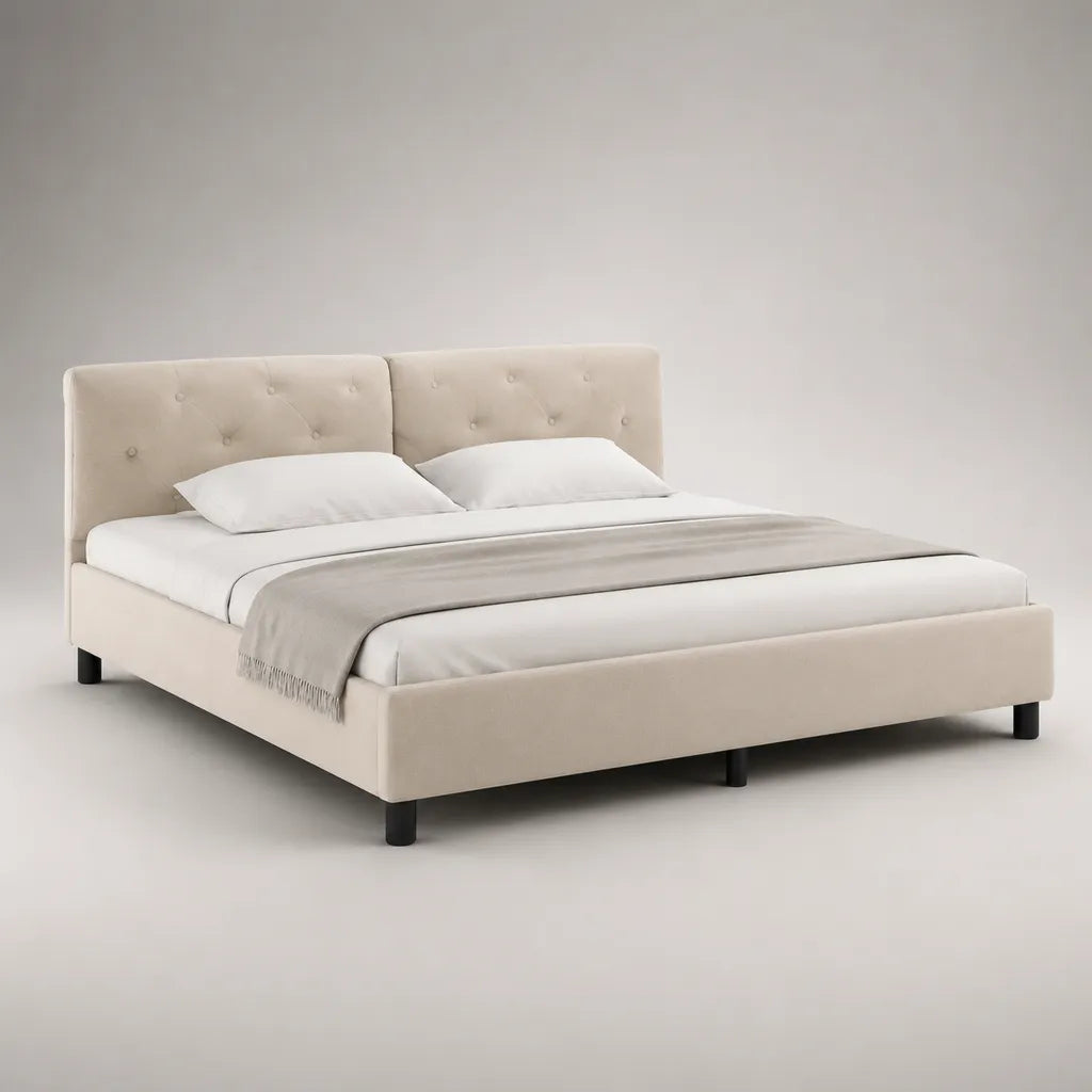 Lit double rembourré 160 × 200 cm en velours polyester beige, tête de lit capitonnée et sommier à lattes