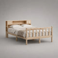 Cadre de lit double en pin massif naturel avec tête de lit à rangements, 205 × 150 × 110 cm, pour matelas 140 × 190 cm