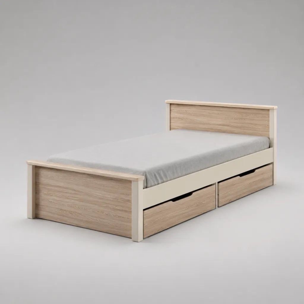 Lit simple en panneaux de particules avec 2 tiroirs de rangement, beige et chêne clair, couchage 90 × 190 cm, dimensions 198 × 98 × 90 cm