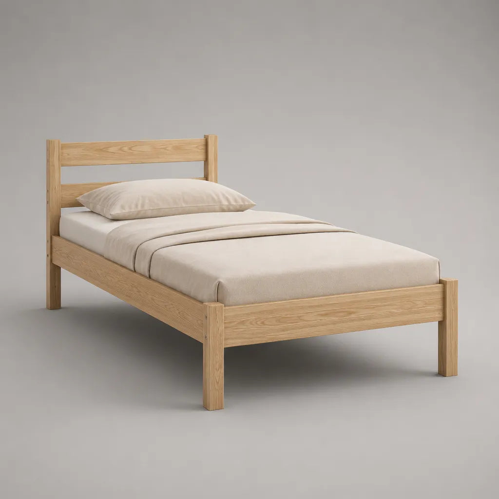 Lit simple en chêne massif naturel 90 x 190 cm avec tête de lit et sommier à lattes