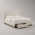 Lit double beige en tissu avec tête de lit rembourrée et 2 tiroirs, couchage 160 × 200 cm, dimensions 219 × 174 × 118 cm