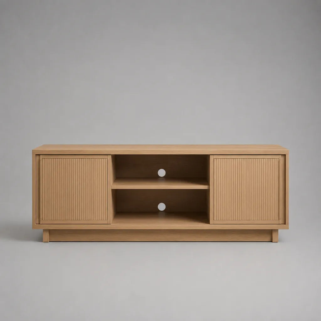 Meuble TV bas en MDF plaqué frêne, 2 portes, 2 niches et passe-câbles, chêne clair, 140 × 40 × 55 cm