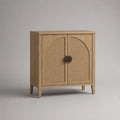 Armoire basse de rangement en bois et rotin, 2 portes, chêne clair, beige et noir, 80 × 40 × 90 cm