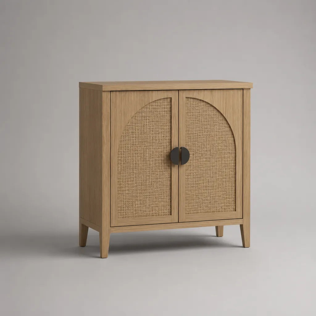 Armoire basse de rangement en bois et rotin, 2 portes, chêne clair, beige et noir, 80 × 40 × 90 cm
