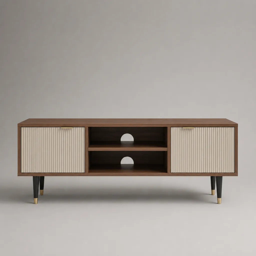 Meuble TV rectangulaire en bois et métal avec 2 portes rainurées et 2 niches, marron noyer, beige clair et noir, 160 × 40 × 60 cm