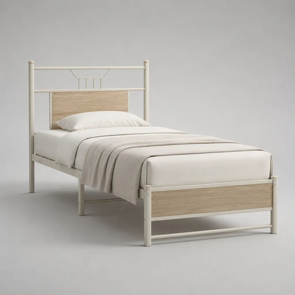 Lit simple 90 x 190 cm avec sommier, cadre en acier blanc et panneaux en bois décor chêne clair