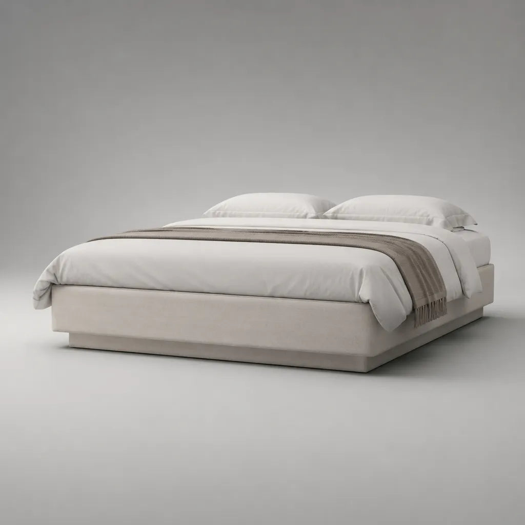 Cadre de lit double plateforme rembourré en tissu beige clair, couchage 160 x 200 cm, sans tête de lit