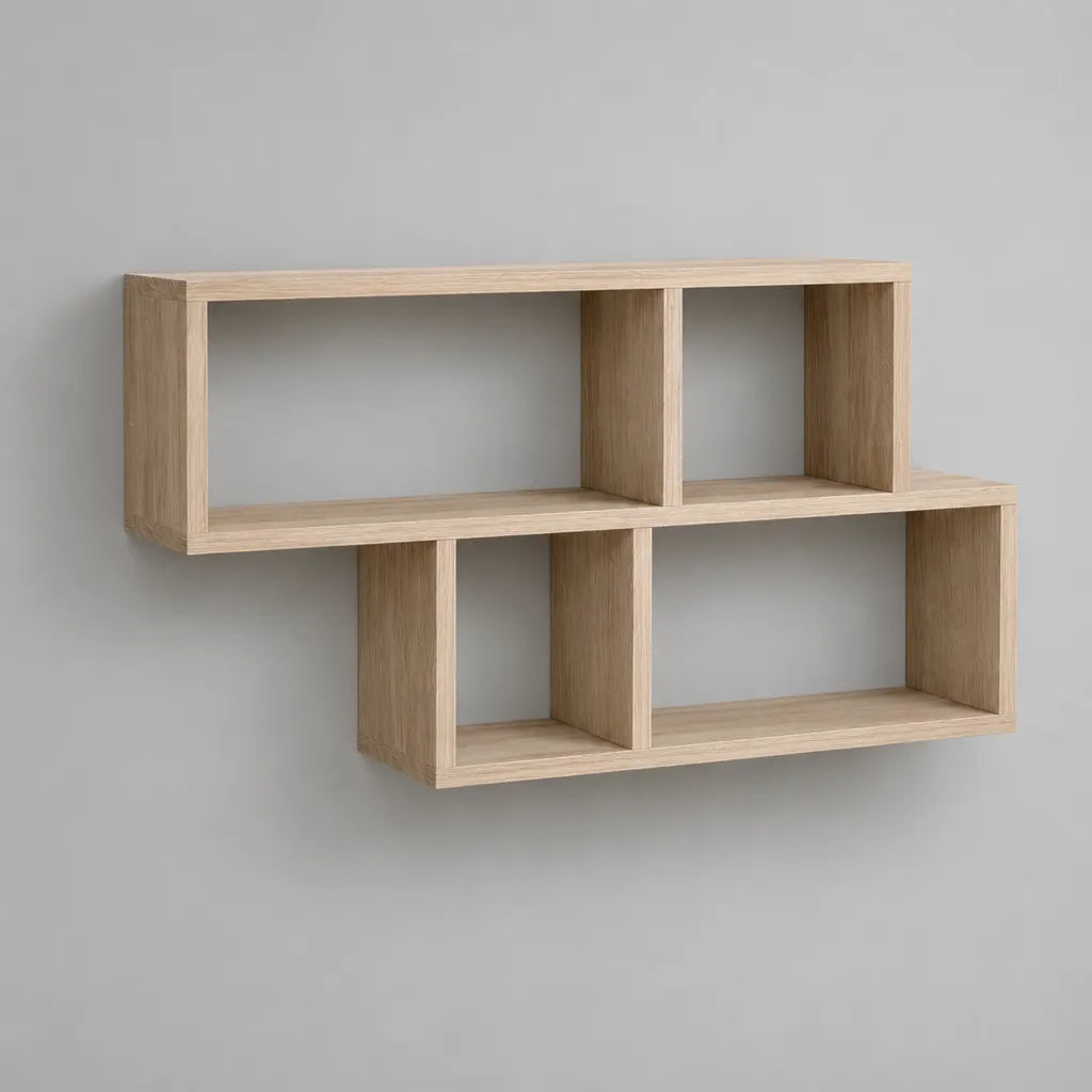 Étagère murale asymétrique en panneaux de particules mélaminés, 5 niches, chêne clair, 100 × 20 × 60 cm