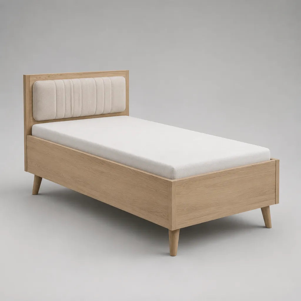 Cadre de lit 1 place 90 × 200 cm en panneaux mélaminés chêne clair avec sommier à lattes et tête de lit rembourrée beige