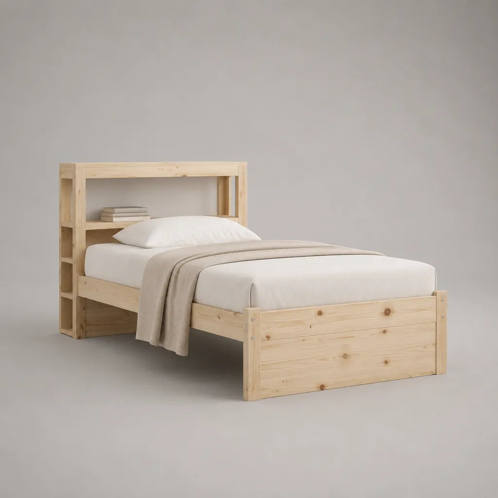 Lit simple 90 × 190 cm en pin massif naturel avec tête de lit bibliothèque et sommier à lattes