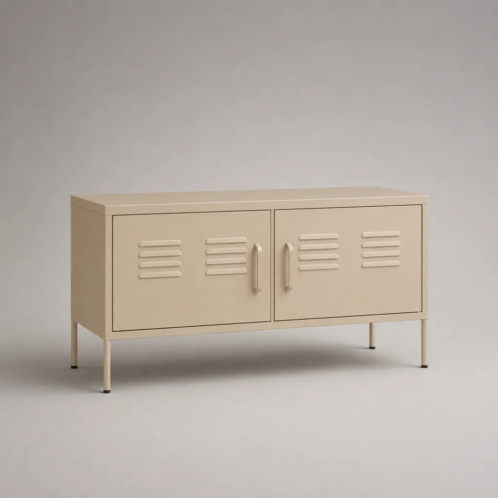 Meuble bas pour téléviseur en acier beige à 2 portes ventilées, 120 × 40 × 65 cm