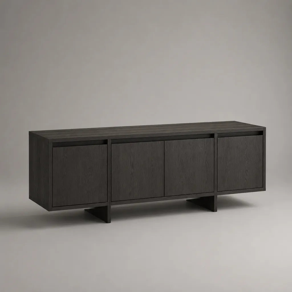 Meuble TV bas rectangulaire à 4 portes en MDF plaqué chêne et acier noir, 180 × 42 × 62 cm