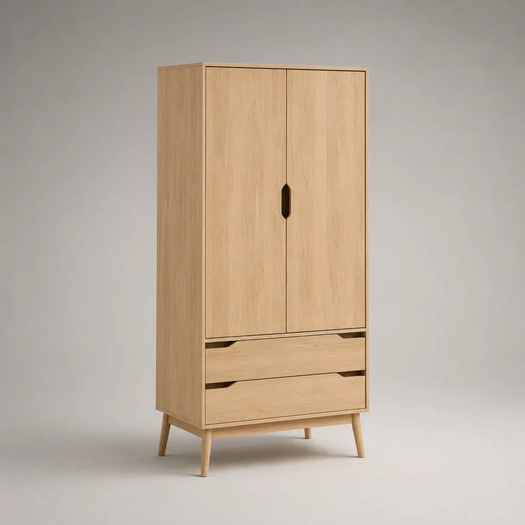 Armoire 2 portes et 2 tiroirs en MDF plaqué chêne clair, 90 × 50 × 180 cm