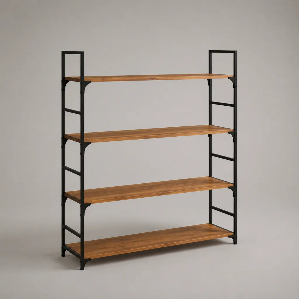 Étagère bibliothèque à 4 niveaux en bois et acier, brun et noir, 120 × 35 × 150 cm