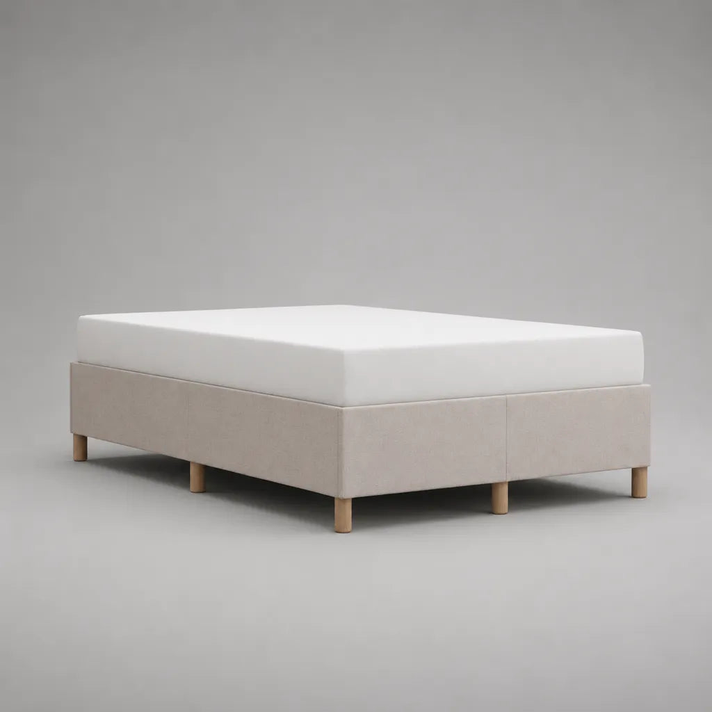 Ensemble lit double rectangulaire 140 x 190 cm avec matelas, cadre en pin massif revêtu de polyester beige et blanc