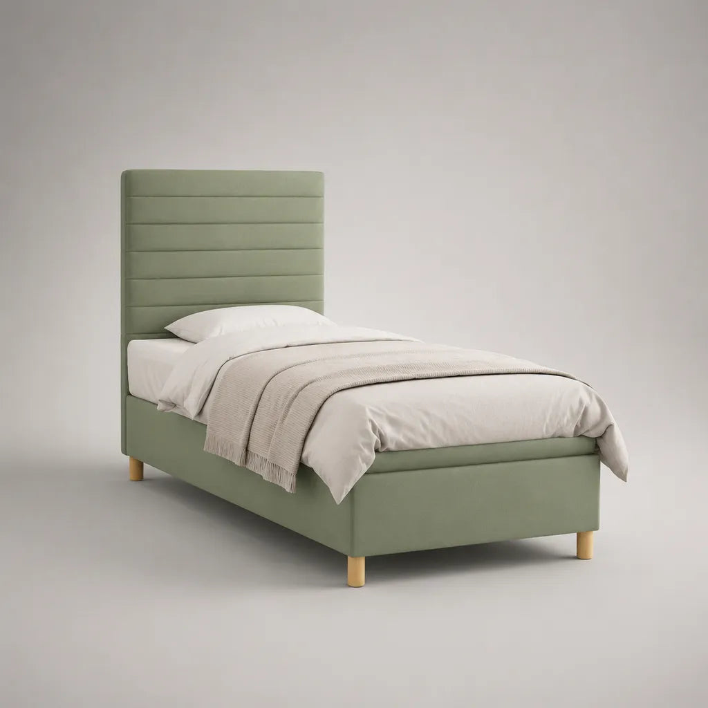 Lit simple rembourré 90 × 190 cm en velours polyester vert sauge avec tête de lit