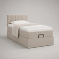 Lit coffre 1 place rembourré en polyester beige avec tête de lit à panneaux verticaux, 203 × 101 × 110 cm, couchage 90 × 190 cm