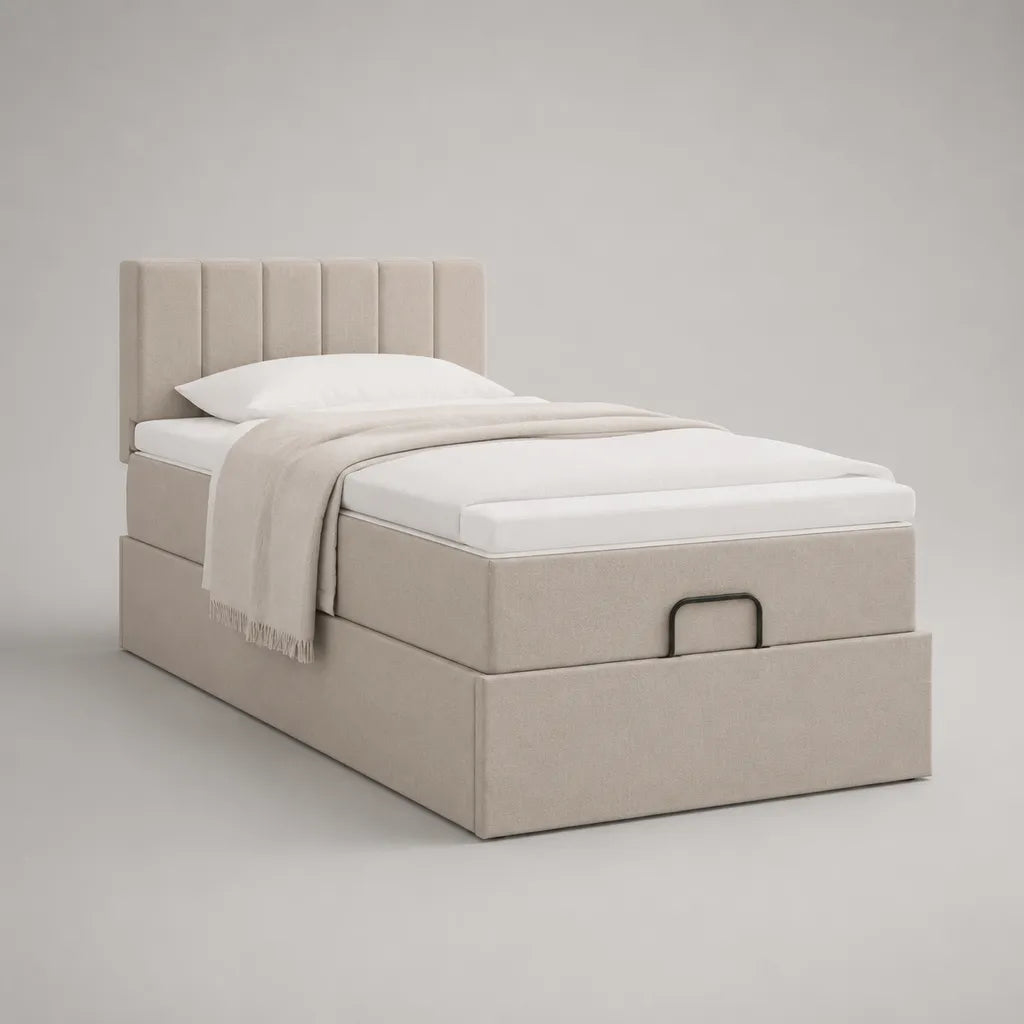 Lit coffre 1 place rembourré en polyester beige avec tête de lit à panneaux verticaux, 203 × 101 × 110 cm, couchage 90 × 190 cm
