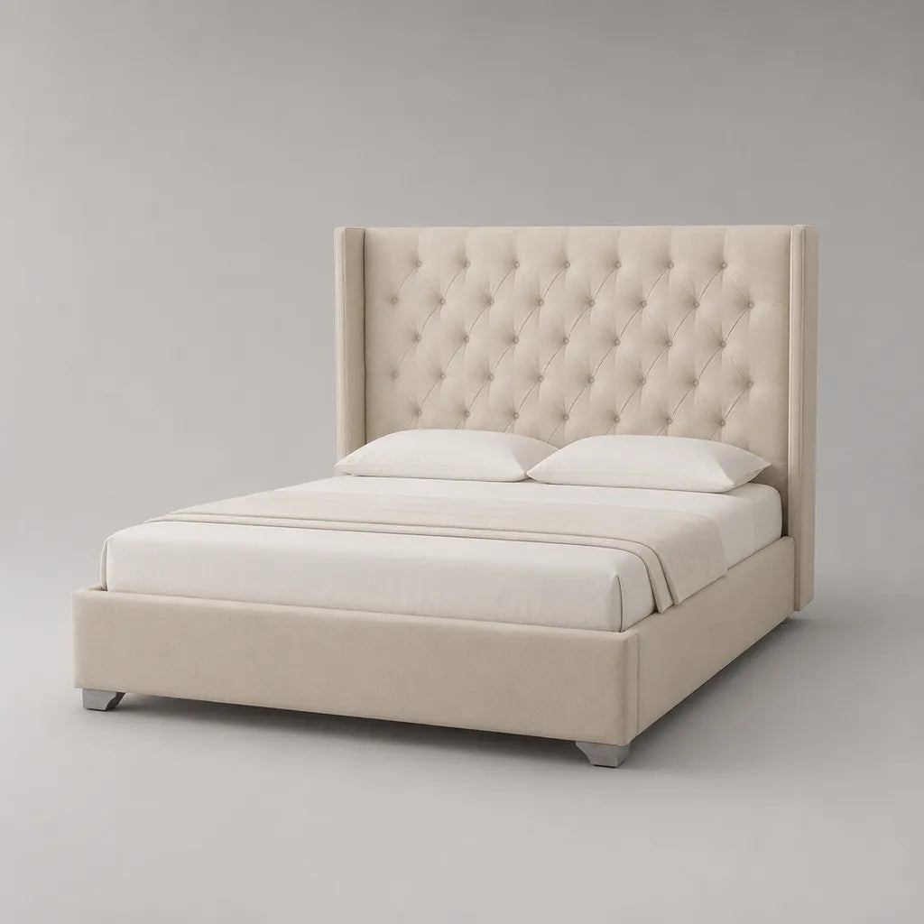 Lit double capitonné 160 × 200 cm en velours polyester beige avec tête de lit à oreilles
